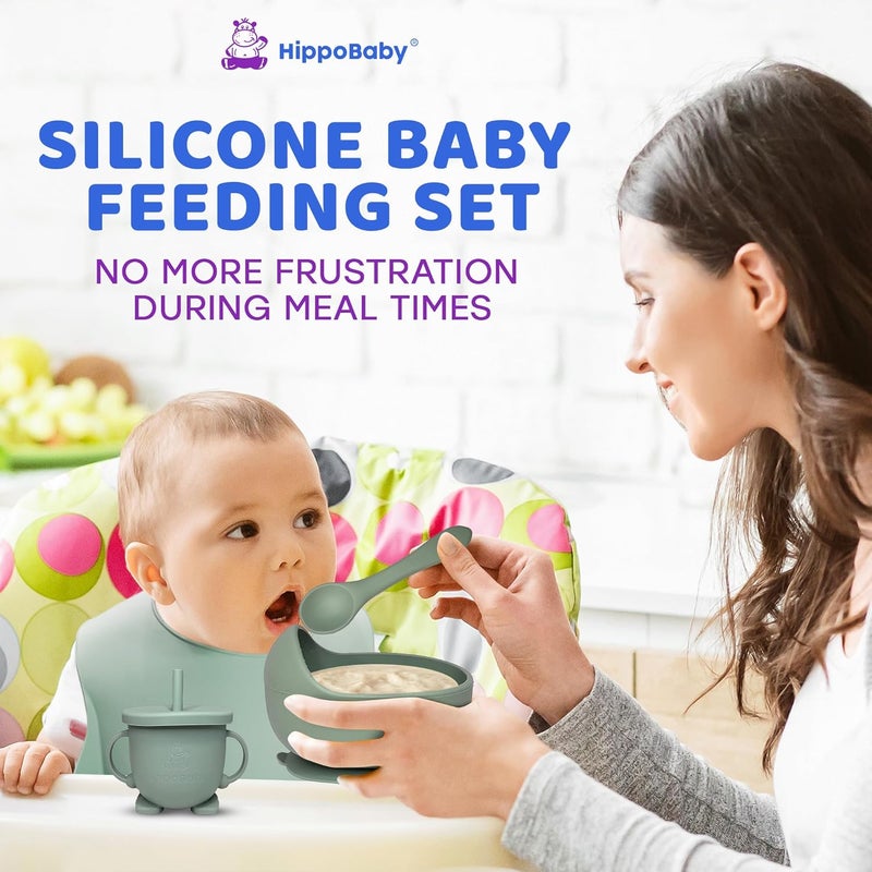 HippoBaby لوازم الفطام بالاعتماد على الذات للأطفال | مجموعة تغذية سيليكون مكونة من 10 قطع، مريلة للأطفال، كوب، طبق مقسم ووعاء، مجموعة ملاعق وأطباق للتغذية الذاتية، أدوات الأطفال | لوازم تغذية الأطفال الصغار - Image 2